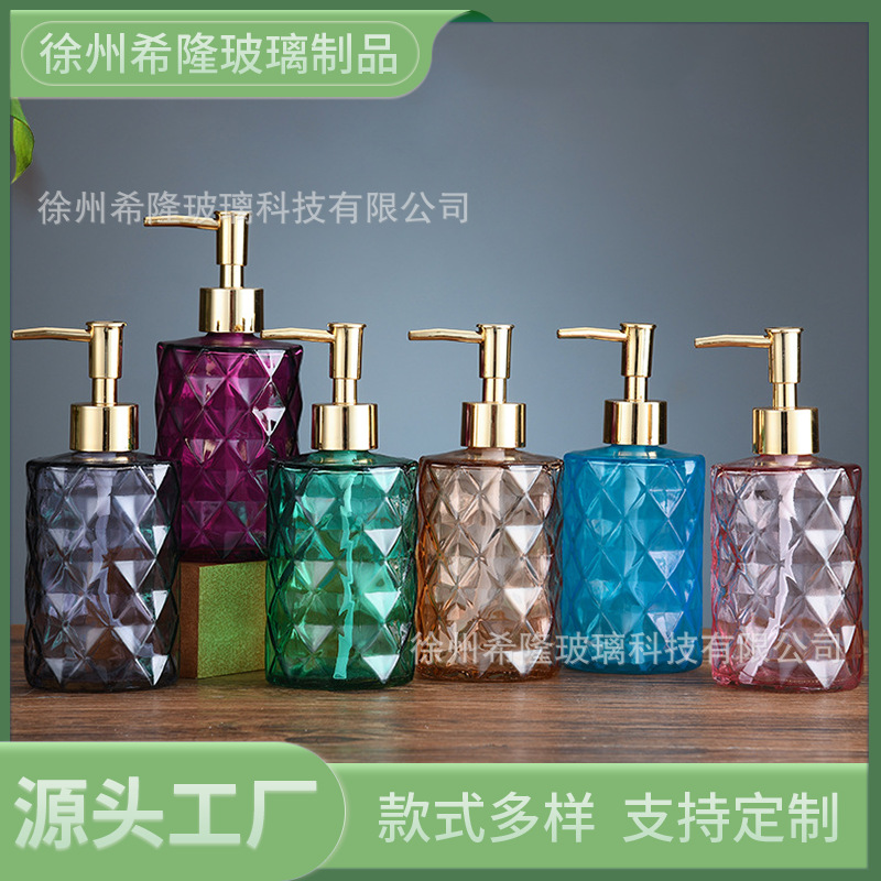 Fabricante al por mayor de botellas de vidrio transparente de 350 ml, botella de vidrio para loción, gel de ducha, botella de desinfectante de manos con forma de diamante, creativa