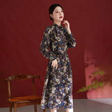 杭州真丝连衣裙女100蚕丝长袖气质褶皱显瘦款印花中长款82501815