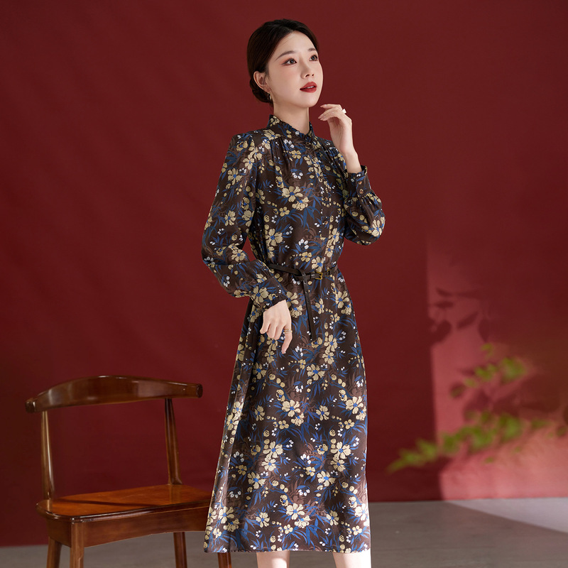 Hangzhou Silk Dress for Women, 100% Silk, Long-Sleeved, Elegant, Pleated, Slimming, Printed, Mid-Length, 82501815