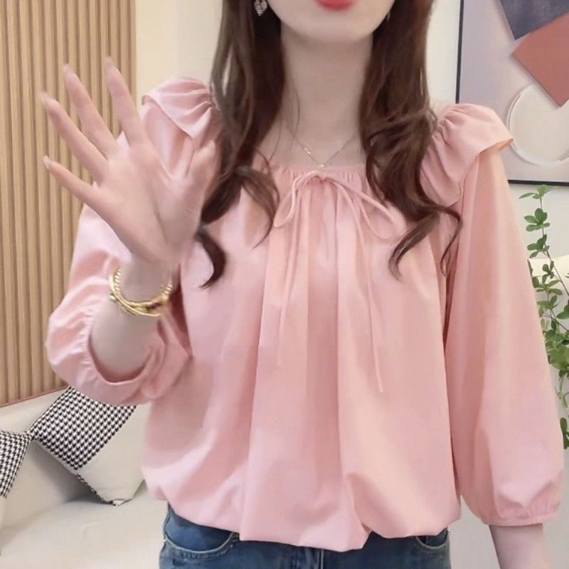 Southeast Asian Belly-Covering Casual Top with Ruffles, Spring Shirt, New Solid Color Design, Small and Elegant with Tie