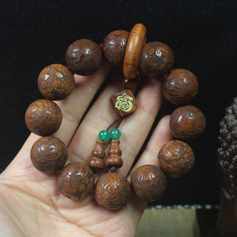 Large Leaf Rosewood 20mm Carved Dragon and Phoenix Auspicious Bracelet Buddha Beads Running Ring Blessing Pendant Bracelet Rosary Wholesale