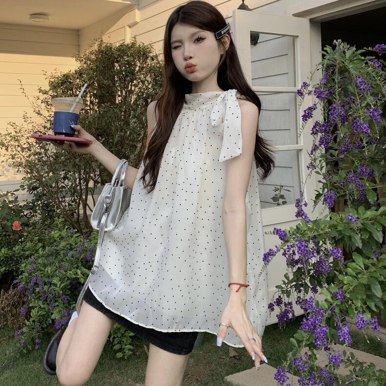 Bow Polka Dot Halter Shirt Women's Summer New French Gentle Style Sleeveless Shirt Design Niche Top Bow Polka Dot Halter Shirt Women's Summer New French Gentle Style Sleeveless Shirt Design Niche Top