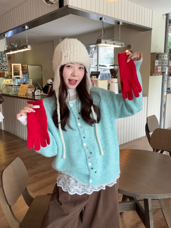 实拍~秋季新款韩版宽松彩扣撞色软糯百搭针织毛衣开衫外套女88410|undefined