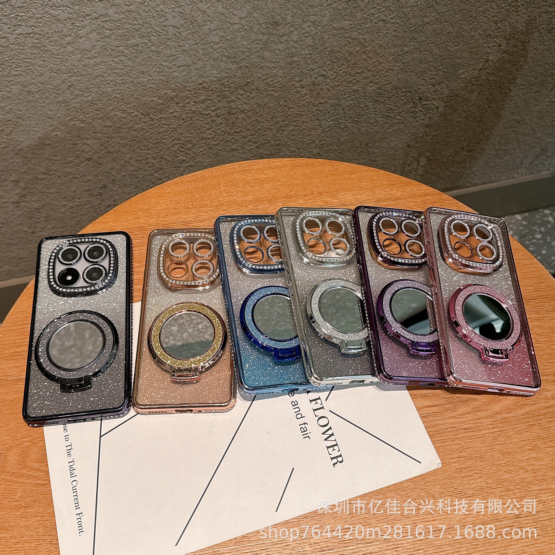 Aplicable Redmi NOTE14PRO Rhinestone Retocador Espejo Estuche para teléfono Xiaomi 14T todo incluido Soporte magnético de brillo