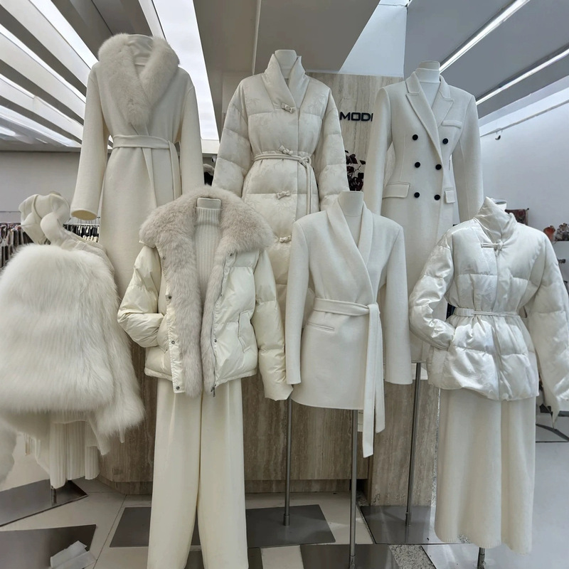 2025 Brand Clearance Designer White Duck down Long Woolen Patchwork down Jacket for Women Wholesale with Contrasting Color Design 2025 Brand Clearance Designer White Duck down Long Woolen Patchwork down Jacket for Women Wholesale with Contrasting Color Design