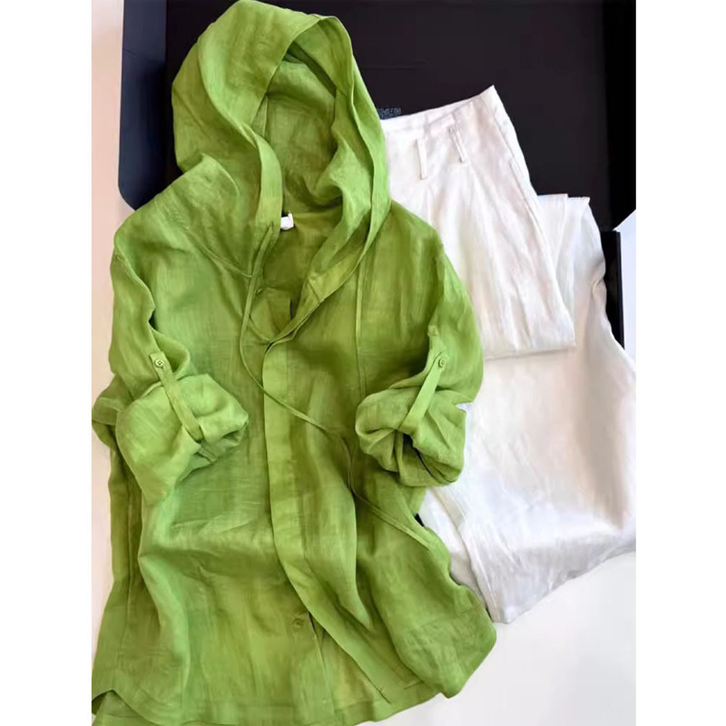 Korean Chic Stylish Youthful High-End Dopamine Green Fashionable Hooded Sun-Protective Shirt for Women in Spring