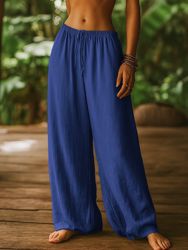 Women's Clothing Women's Cotton Linen Loose Straight Leg Pants With Elastic Waist And Pockets Solid Color Casual Bottoms_ecoleips.com
