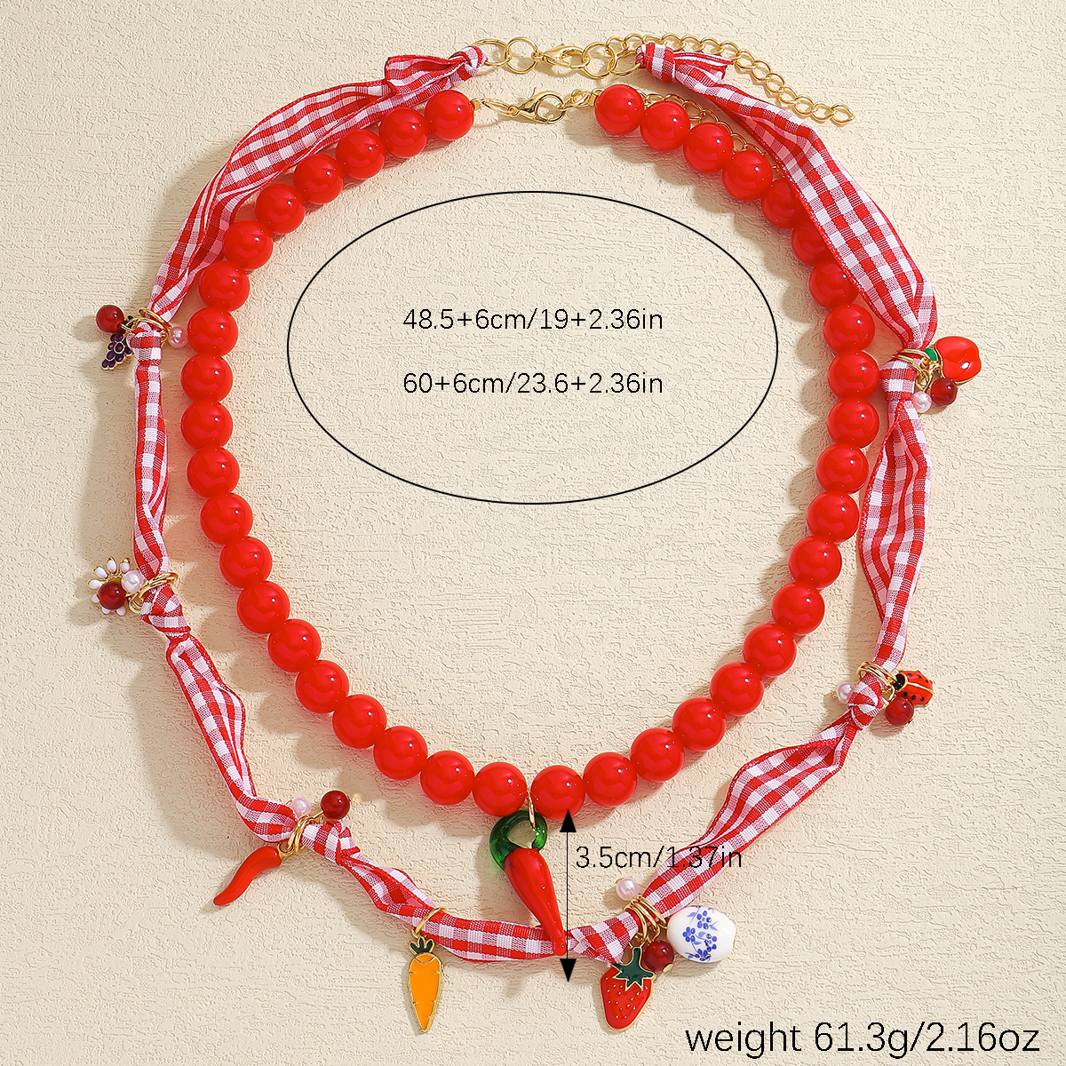 70g Weight Lobster Trigger Clasp Closure Clasp Closure Type Alloy Pendant Material Double Layer Necklaces, Multi Charms Necklace Classification Alloy, Plastic Chain Material Silk Scarf Cord, Beaded Chain Chain Type 1 Piece Quantity Cute Modern Style Cherry Fruit Carrot Alloy Plastic Bandana Silk Scarf Cord Beaded Chain Lobster Trigger Clasp Closure Pendant Necklaces Wholesale