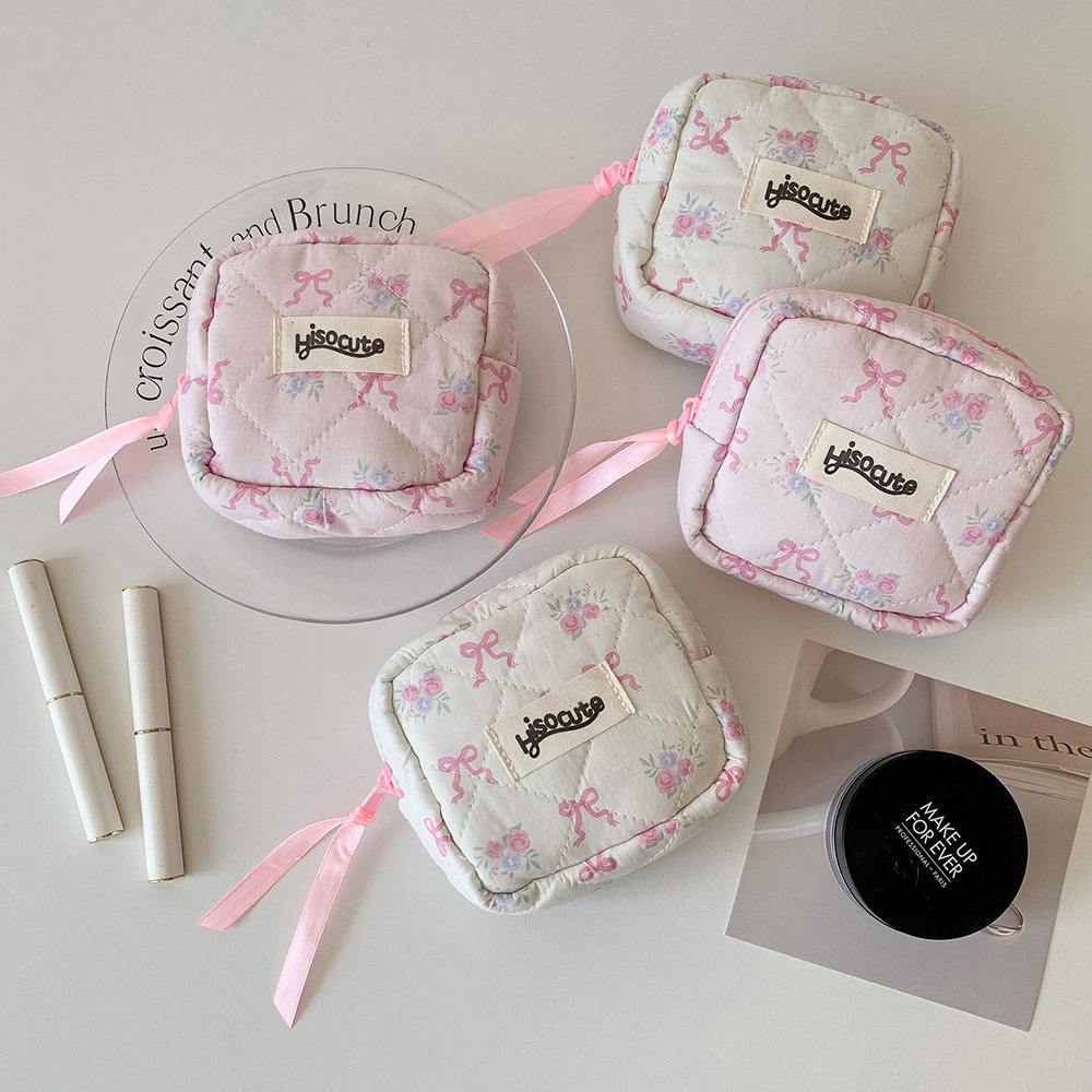 Zipper Closure Type Cute Bow Knot Cotton Polyester Square Makeup Bags