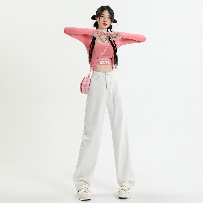 窄版直筒白色牛仔裤女2025秋季高腰小个子显瘦宽松阔腿垂感拖地裤