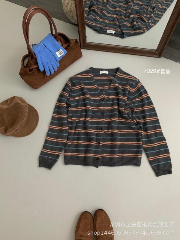 琪镌绘制针织开衫女外搭早秋款韩系穿搭条纹撞色上衣毛衣外套7029|undefined