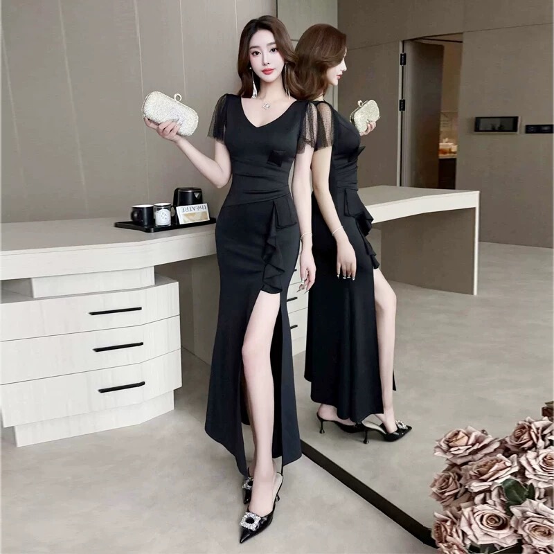 5675 Sexy Dress Slimming Look V Neck Slit Evening Dress Nightclub Work Technician Work Clothes