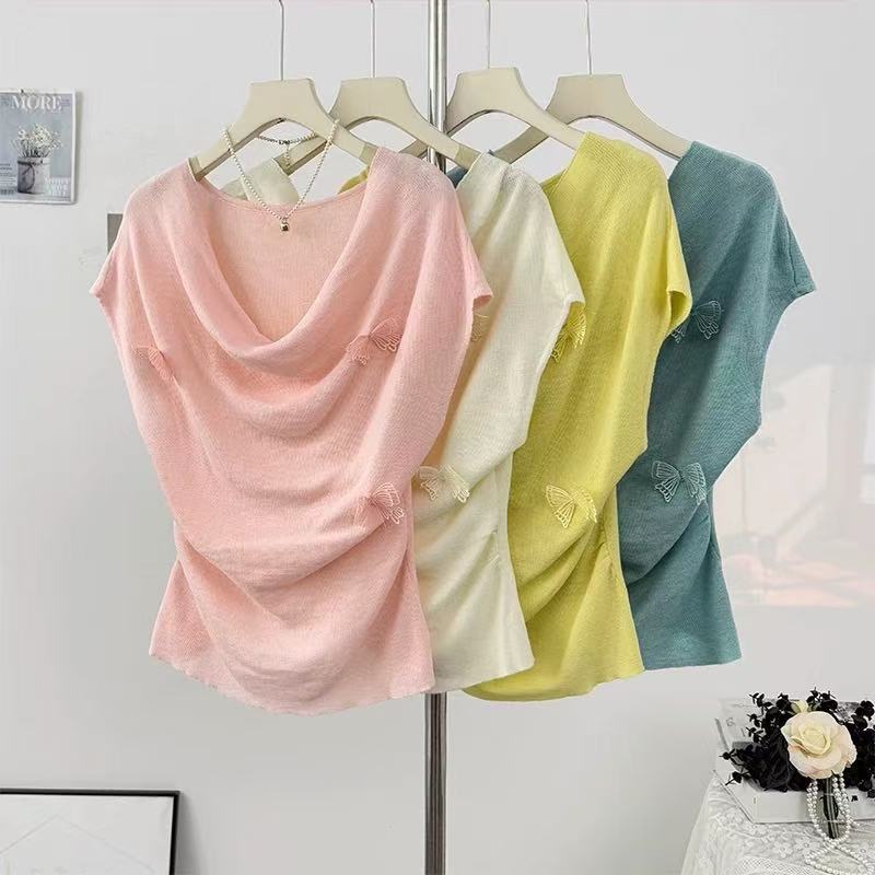 French Design Stereo Butterfly Swing Collar Knitted T-Shirt for Women Summer 2025 Pleated Waist Slimming Look Belly-Covering Top