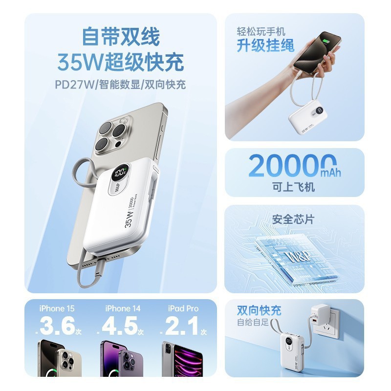 W&P 充电宝新款20000毫安大容量35W快充自带双线超薄小巧便携WP|undefined