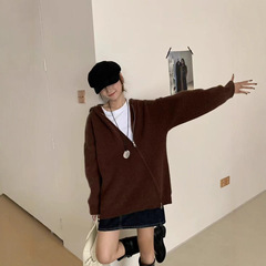 跨境新款纯色简约个性斜开双拉链设计感连帽针织开衫大码厚实外套