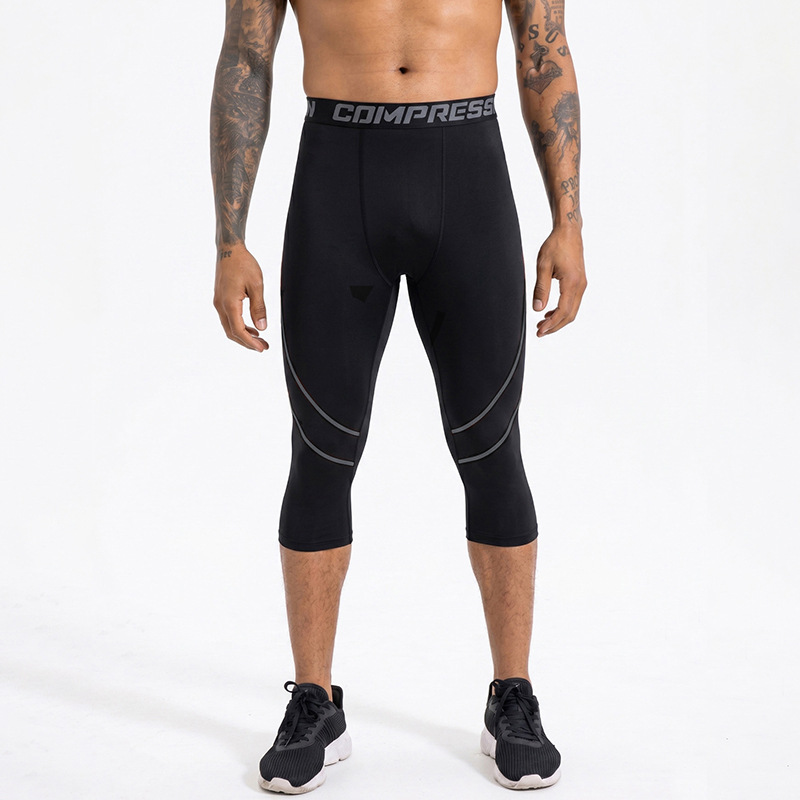 Pantalones de fitness delgados transfronterizos de alta velocidad elástica secos de pista y campo, pantalones de compresión de baloncesto para hombres, pantalones cortos deportivos de siete puntos