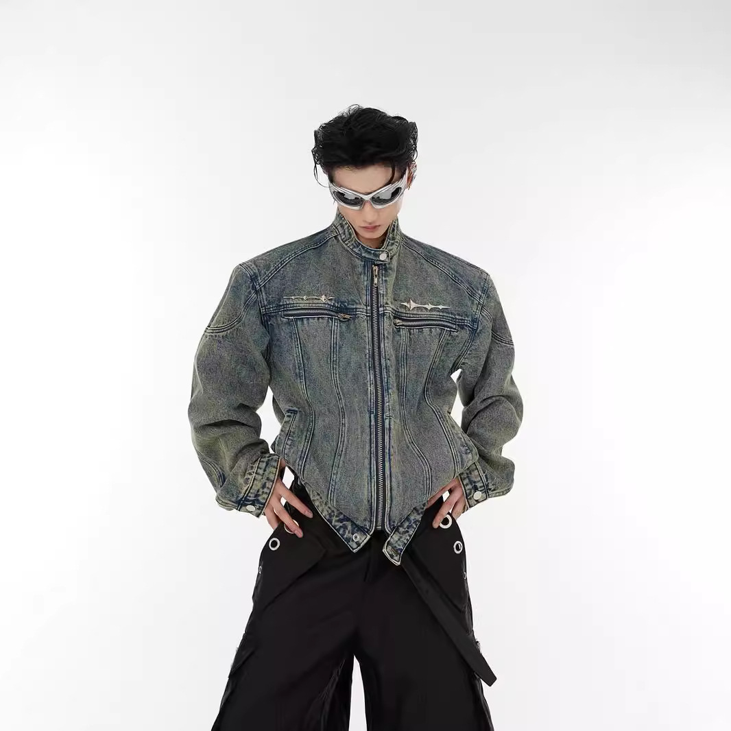 Chaqueta de mezclilla corta con hombreras americanas Chaqueta de mezclilla con cuello alto y cuello alto con sentido de alta gama para hombre