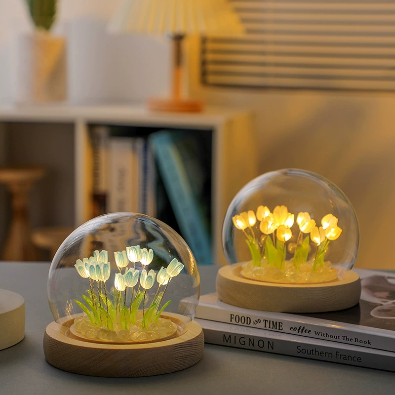 Night light tulip lamp, creative table lamp, battery or glass shade, 9–20 tulips, 13×13×15 cm