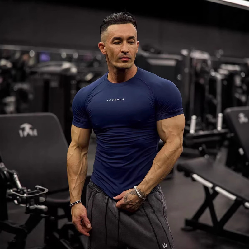 Youngla American-Style Summer New Men's Tight-Fitting T-Shirt Jogger Sports Fitness Running Training Quick-Drying Short-Sleeved Shirt