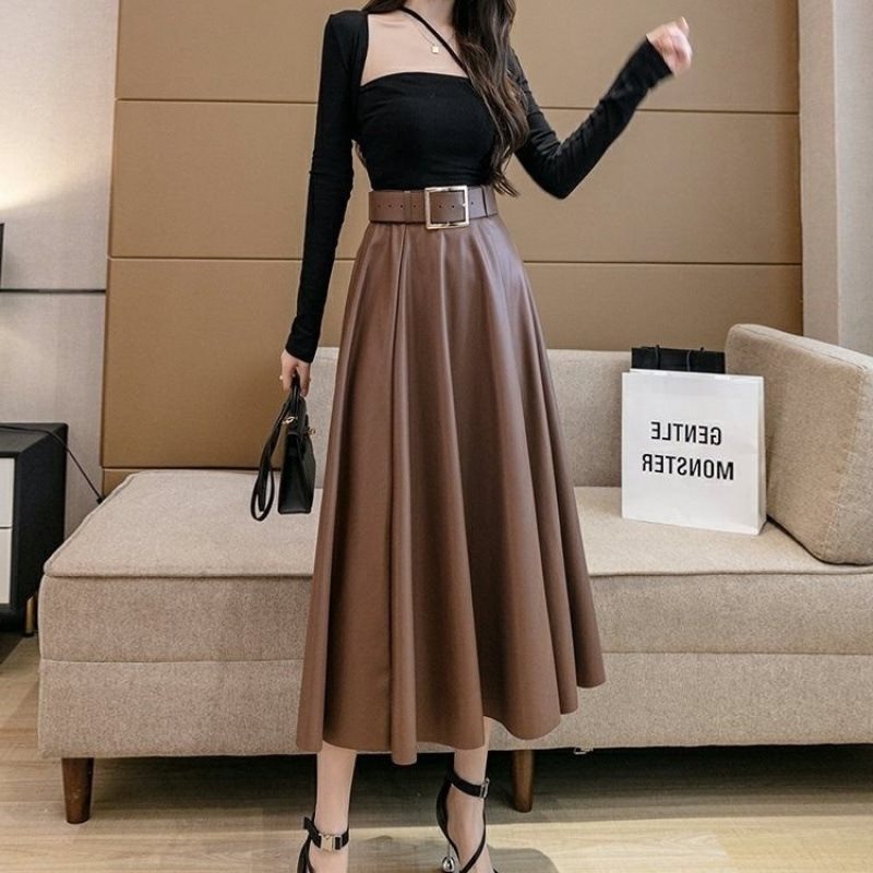 咖色皮裙2025新款高腰百褶字半身裙女春秋中长款包臀大摆长裙|undefined