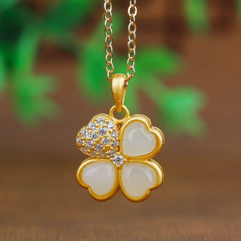 Pendant jade, necklace, longevity lock, four-leaf clover