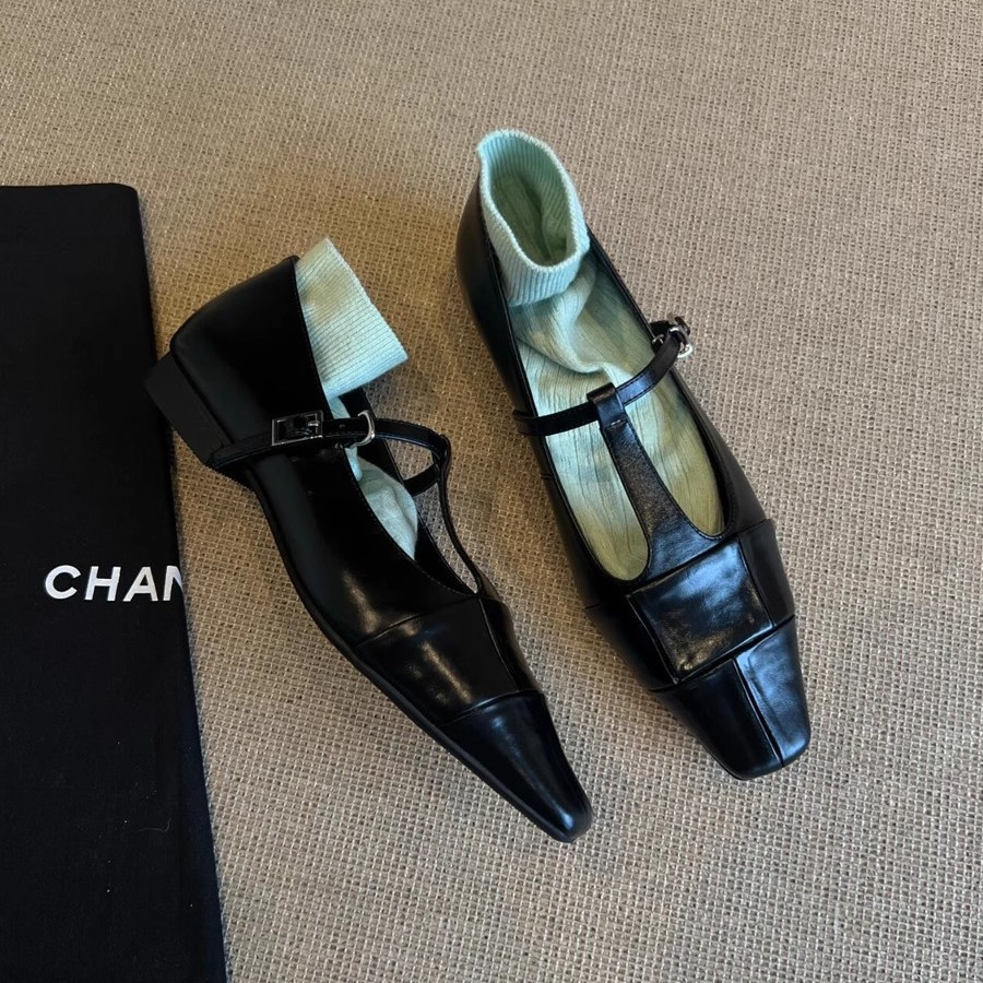 Mary Jane Leather Pumps With T-strap And Square Toe For Women_voghion.com