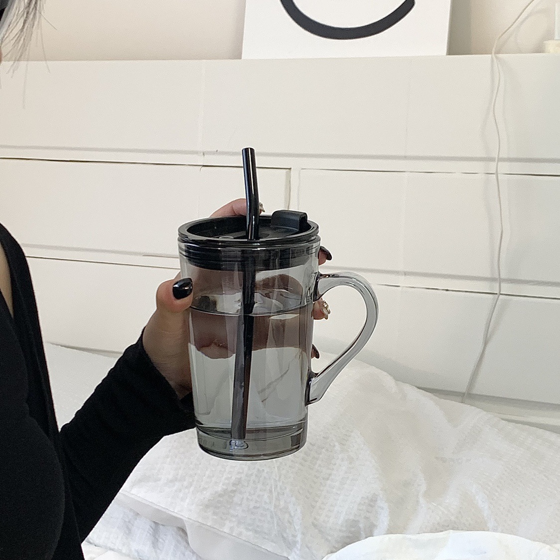 簡約透明吸管玻璃水杯女生情侶宿舍家用辦公室杯子喝水設計感男生