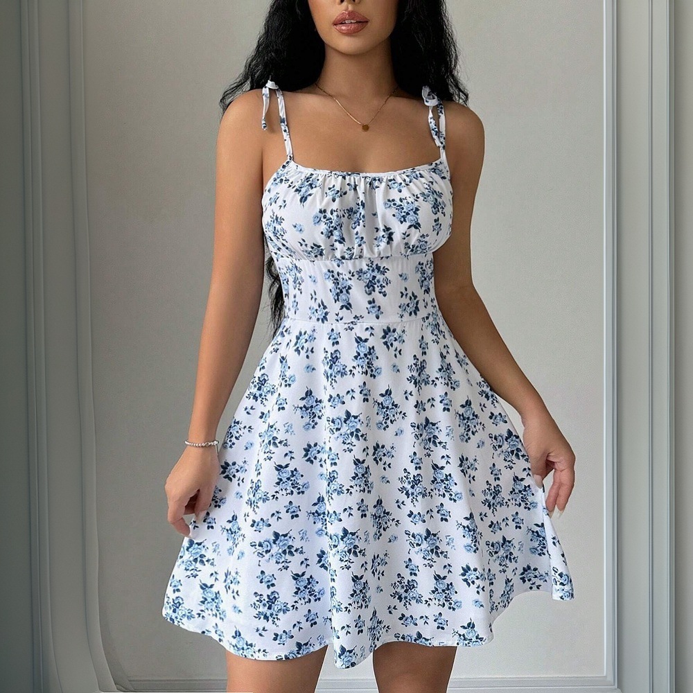 Floral Print Short Dress Sleeveless Square Neck Summer Style Casual Wear for Women Wholesale Available