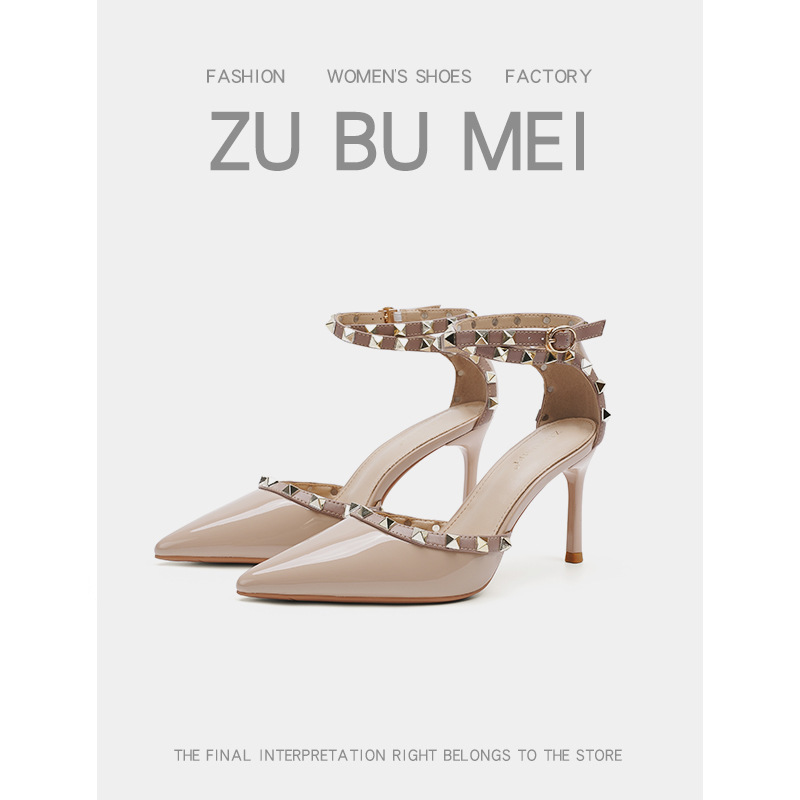 893-1 One-Line Toe Hollow Sandals for Women 2025 Summer New Style Pointed Toe Stiletto Heels with Rivets That Are Not Tiring for the Feet