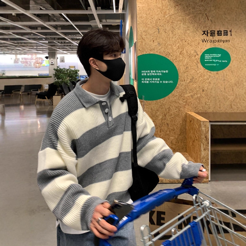 2025 Autumn and Winter New Polo Shirt Lapel Stripesd Knitwear Knitwear Men's Loose Lazy Style Pullover Jacket Trendy