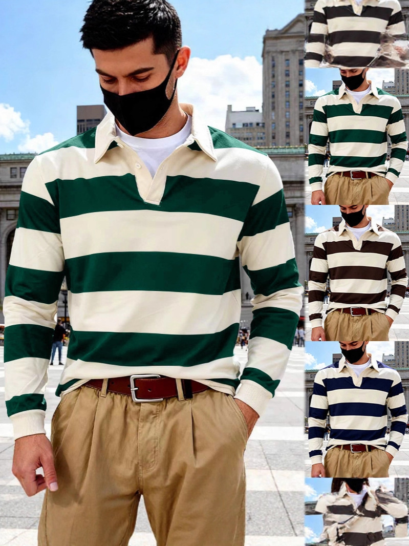 Cross-Border New American-Style Long-Sleeve Men's T-Shirt, Casual Loose Striped Polo Shirt, Men's Sweatshirt, Trendy and Versatile
