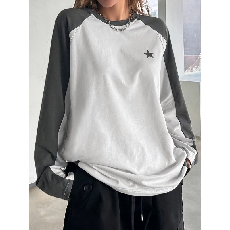 春と秋の新型の色のつなぎ合わせは簡単で、カジュアルな丸首に肩の袖のtシャツを挿します。|undefined