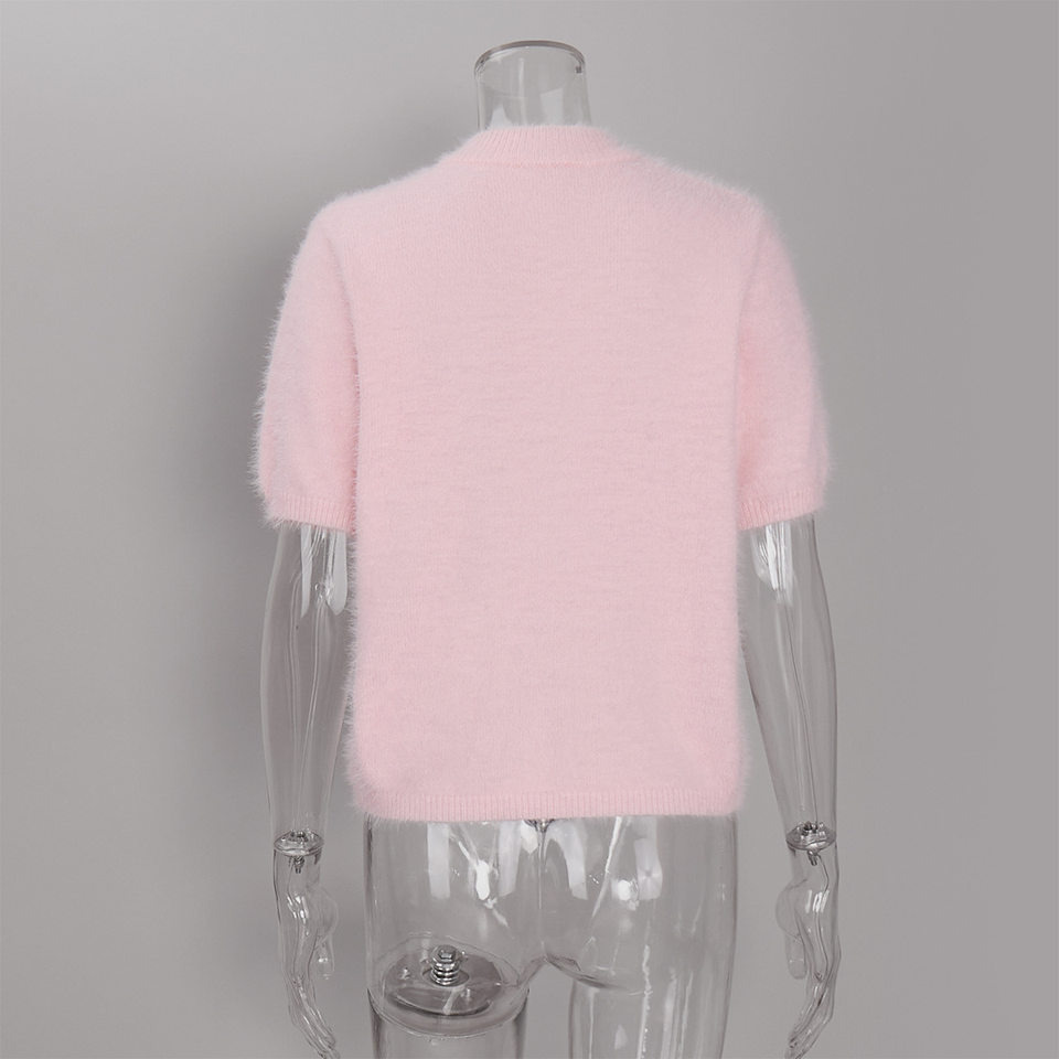 Áo cardigan dệt kim tay ngắn cổ bán cao ôm dáng phong cách retro — Màu hồng, Màu hồng cánh sen, Màu trắng, Màu tím chi tiết 61