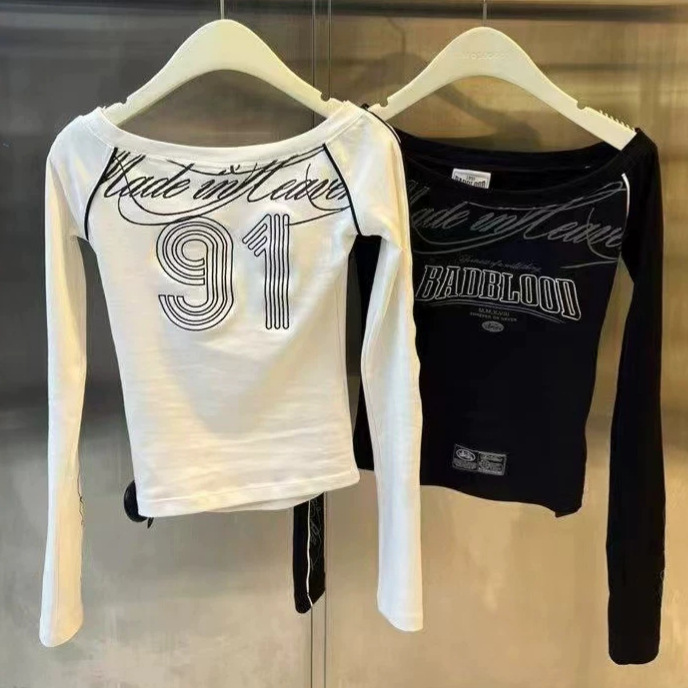 Badblood Bcac Series American-Style Spicy Girl One-Shoulder Long-Sleeve T-Shirt for Women with Niche Print and Sexy Base Top Badblood Bcac Series American-Style Spicy Girl One-Shoulder Long-Sleeve T-Shirt for Women with Niche Print and Sexy Base Top