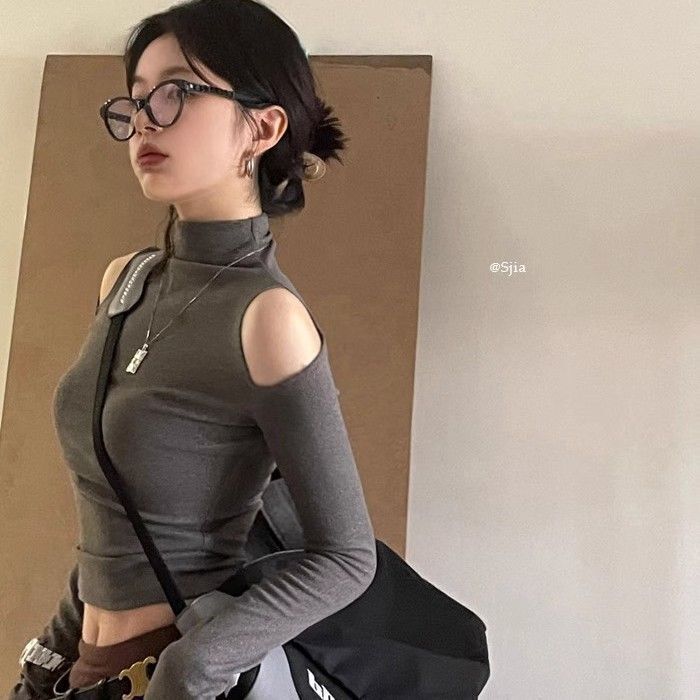 Half-High Collar Open-Shoulder Hollow Long-Sleeved Tight T-Shirt Women's Autumn Hot Girl Base Shirt Design Sense Short Slim-Fit Top