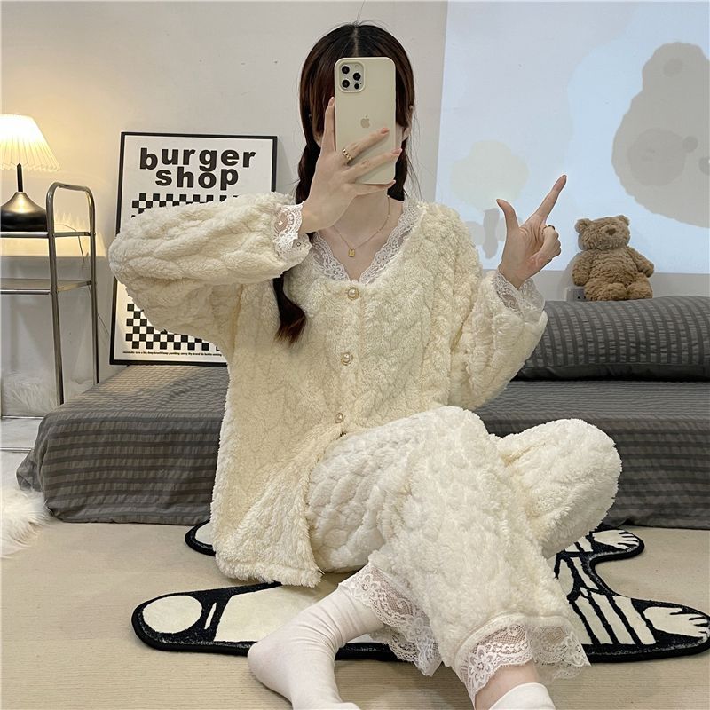 Transmisión en vivo transfronteriza 260g Jacquard encaje pequeño viento cardigán de invierno grueso pijama de mujer ropa de casa