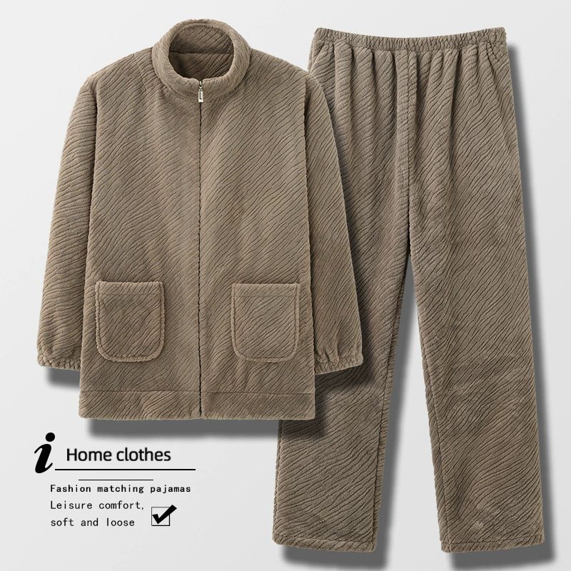 Men's flannel demi-season warm pijama, coral long-sleeve with zipper, velvet cardigan, increased thickness