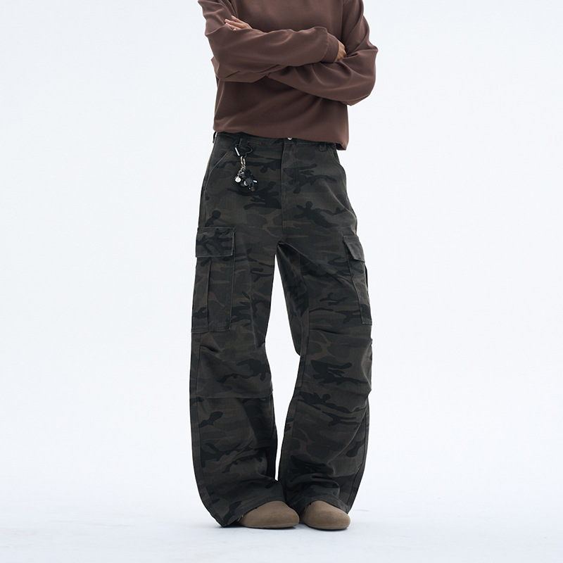Multi-Pocket Cargo Pants Men American Retro Washed Camouflage Straight Loose Cleanfit Wide-Leg Men's Casual Pants