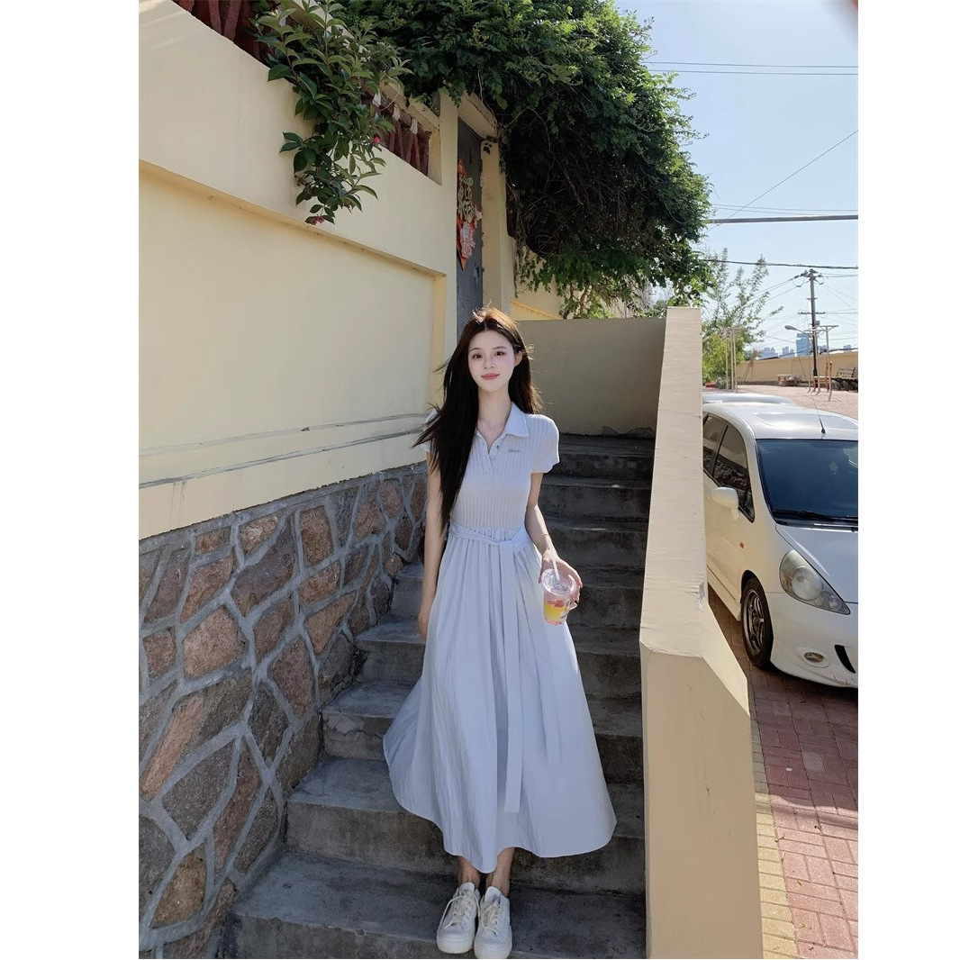 한국 달콤한 스타일 폴로 칼라 드레스 여성 여름 허리 짧은 소매 스커트 라이트 블루 슬리밍 a 라인 롱 스커트
