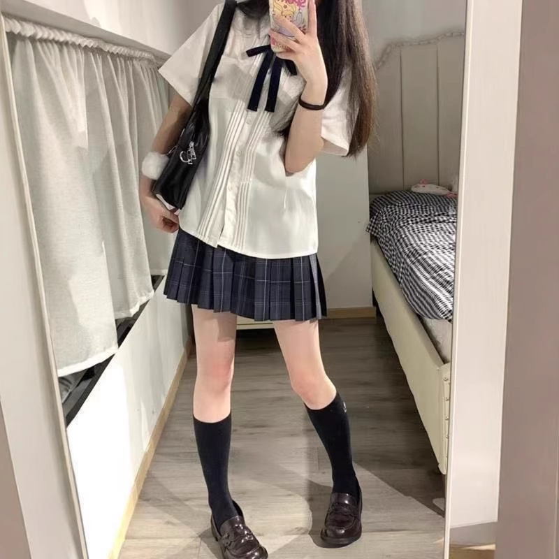 Jk Uniform Suit Accordion Pleated Short-Sleeved Shirt Female Preppy Style Graduation Class Uniform Basic Versatile White Shirt
