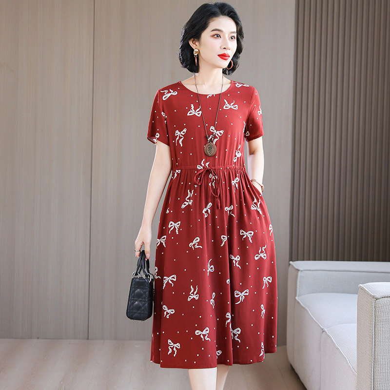 中高年向けの新しい綿シルクドレス、夏の若いスタイル、中年母親の花柄ロングスカート、エレガントなアウターウェア|undefined
