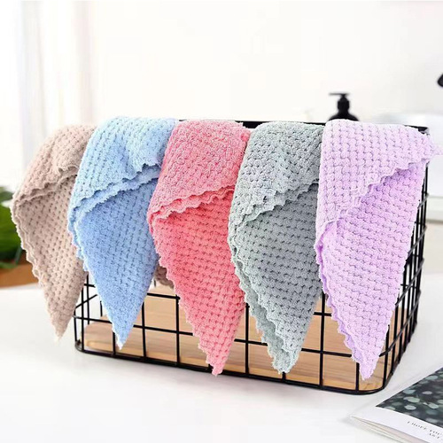 Wholesale coral velvet lace soft absorbent small square towels, thick dishcloth kitchen home cleaning towels, household hand towels