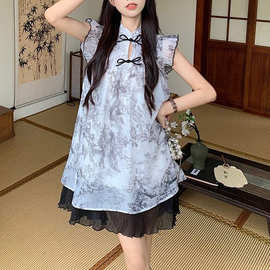新中式小飞袖连衣裙女夏季2025 aa新款水墨画设计感显瘦假两件A字