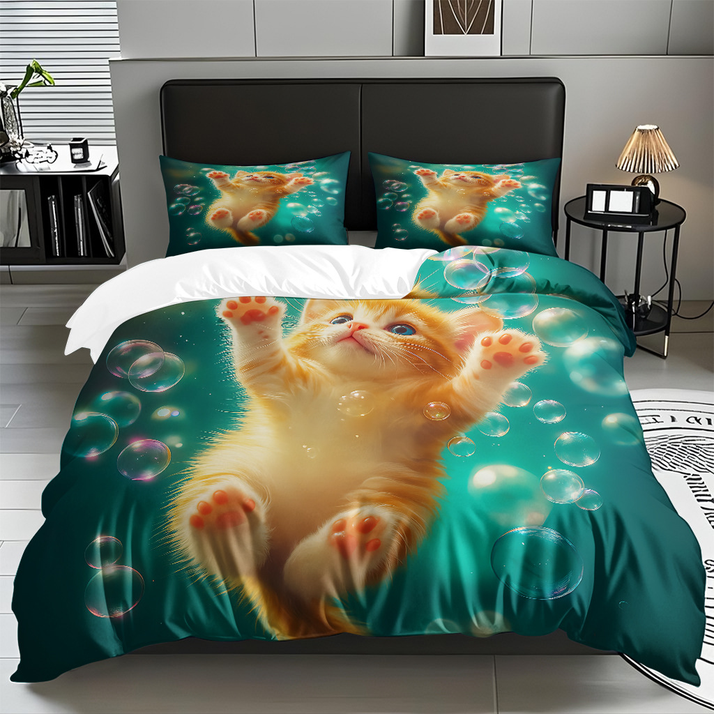 TEMU / JIT adorable gatito impresión digital suave set de colcha de edredón textil para el hogar se puede diseñar venta directa de fábrica