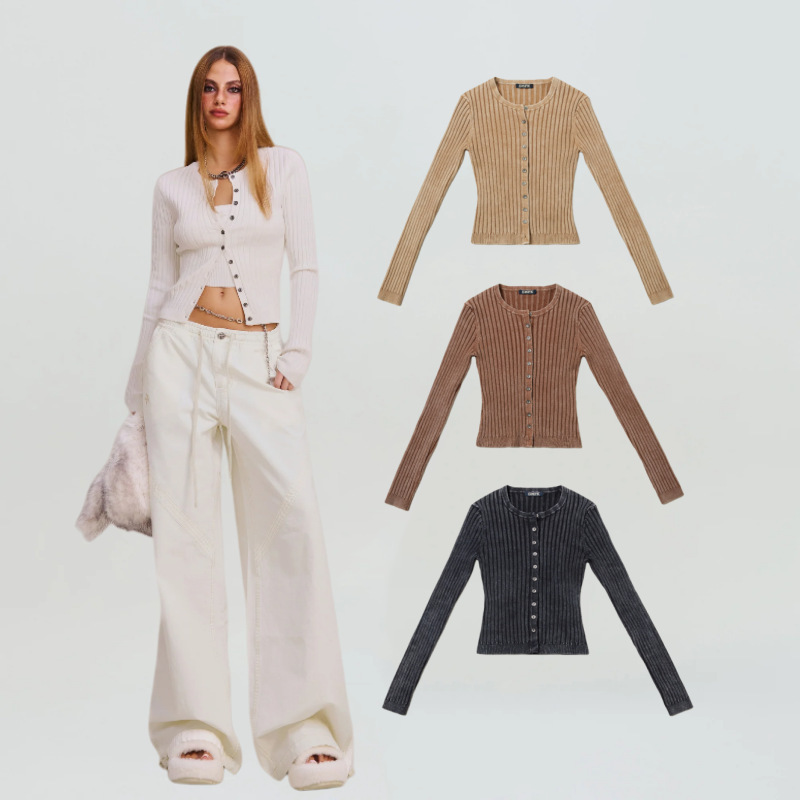 Smfk Wild Retro Knitted Cardigan/Stone Washed Button Threaded Slim Top for Outer Wear
