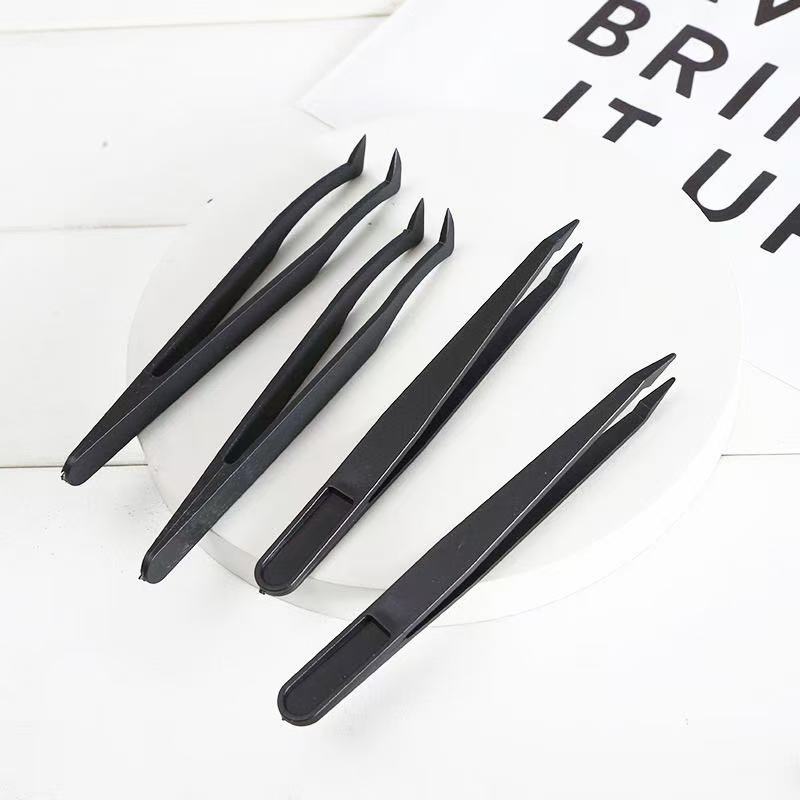 防静电黑色镊子工具塑料镊子尖头平头弯头圆头宽口扁头