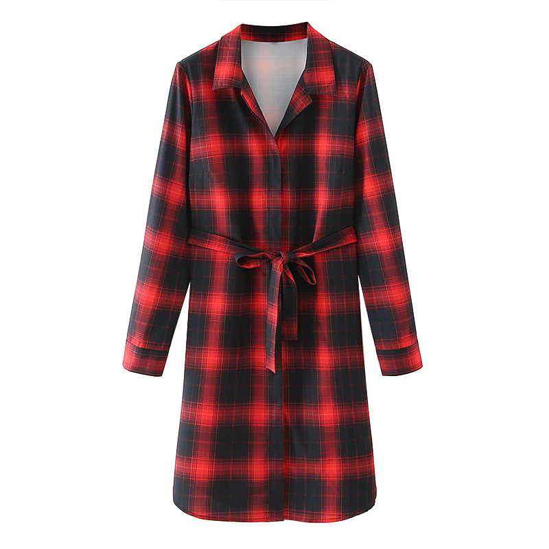 Lace-Up Long-Sleeved Plaid Loose Shirt Dress NSXFL107174