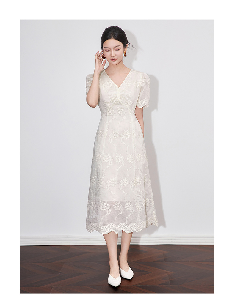 Đầm maxi nữ cổ chữ V thêu ren Tencel dáng dài mùa hè — Màu trắng chi tiết 7