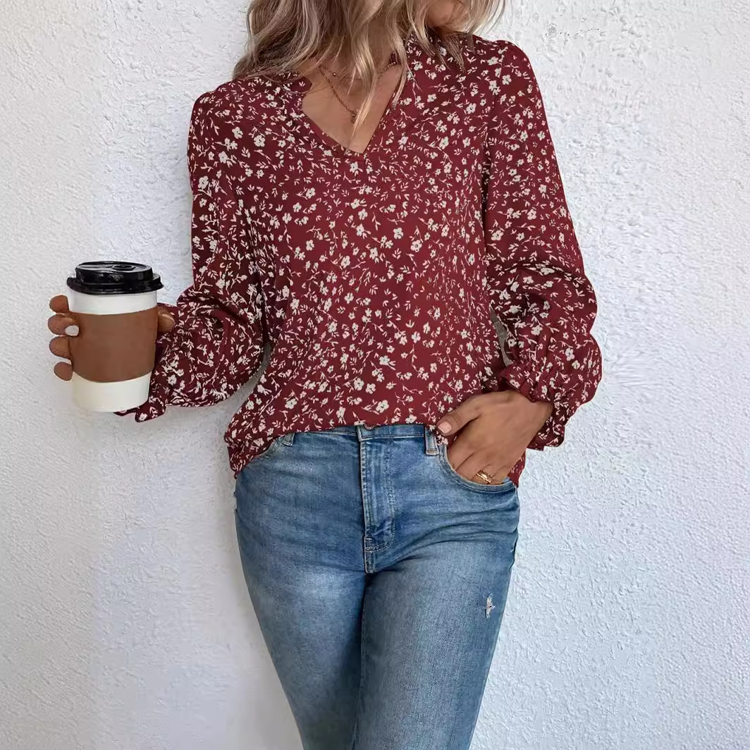 Oferta especial para exportación: Camisa estampada de manga larga con volantes y cuello en V, estilo floral, para mujer, de otoño, para Amazon y eBay.