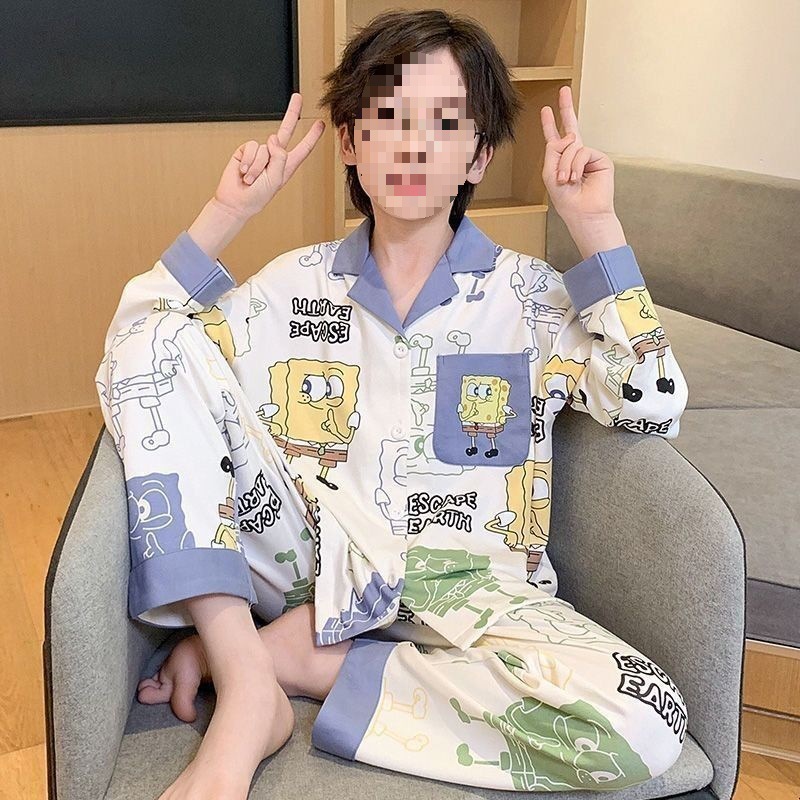 Primavera y otoño 2025 nuevo pijama de niño Cardigan manga larga primavera y otoño juvenil ropa de hogar set de algodón nublado